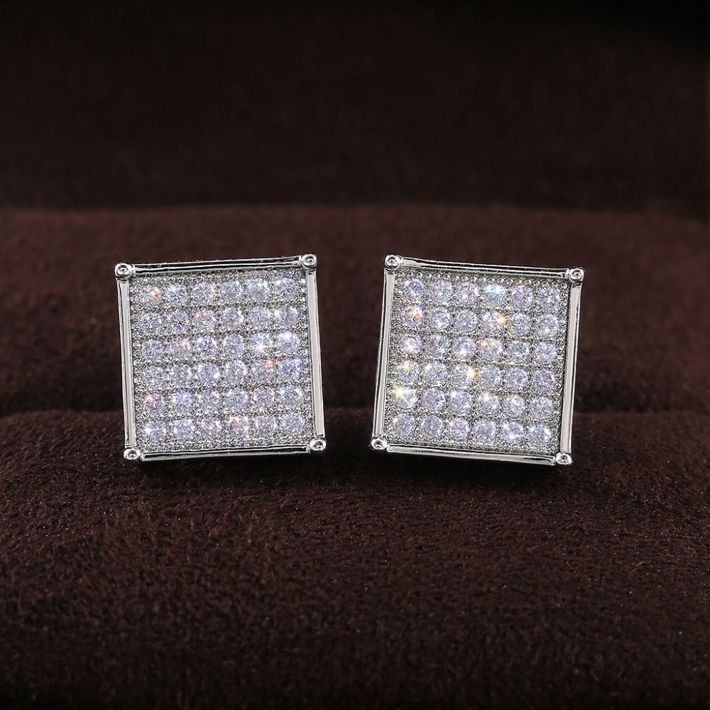 Unisex Silver Plated CZ Square Stud Earrings - Picture 2 of 7